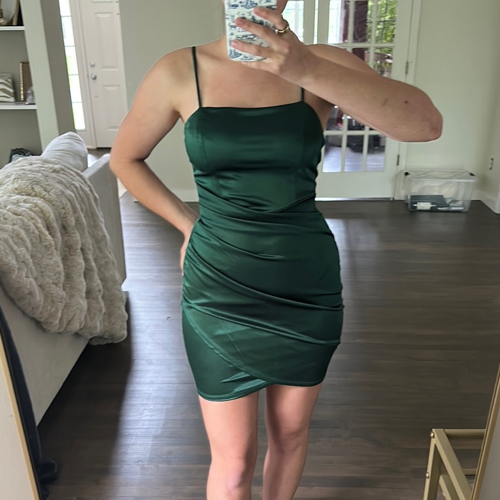 Green Ruched Spaghetti Strap Mini Dress